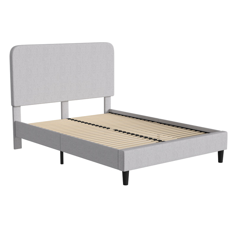 Adaire Fabric Upholstered Platform Bed Frame with Rounded Headboard in Light Gray