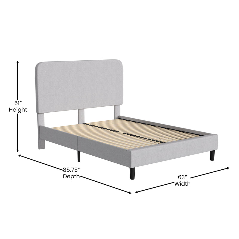 Adaire Fabric Upholstered Platform Bed Frame with Rounded Headboard in Light Gray