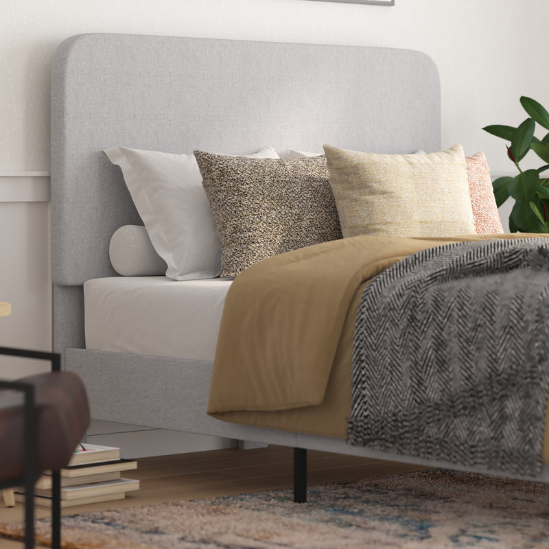 Adaire Fabric Upholstered Platform Bed Frame with Rounded Headboard in Light Gray