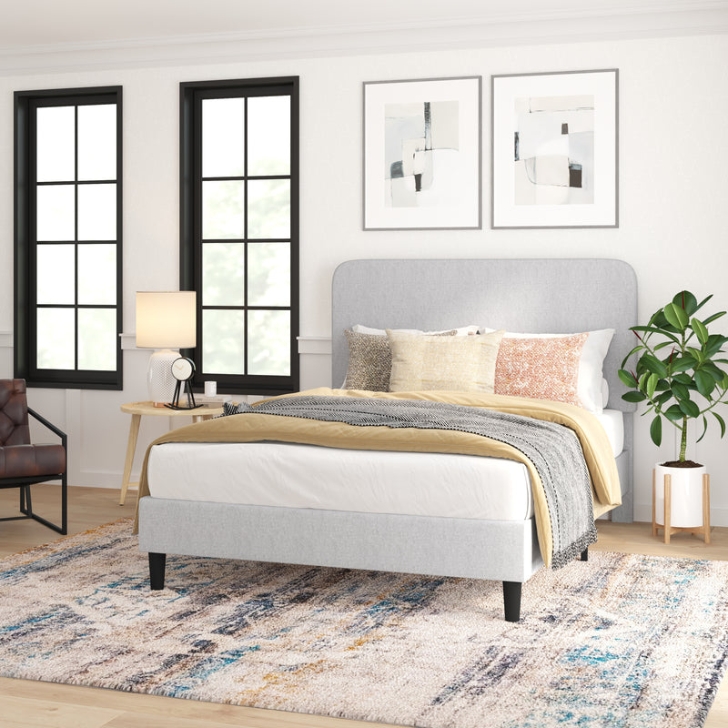 Adaire Fabric Upholstered Platform Bed Frame with Rounded Headboard in Light Gray