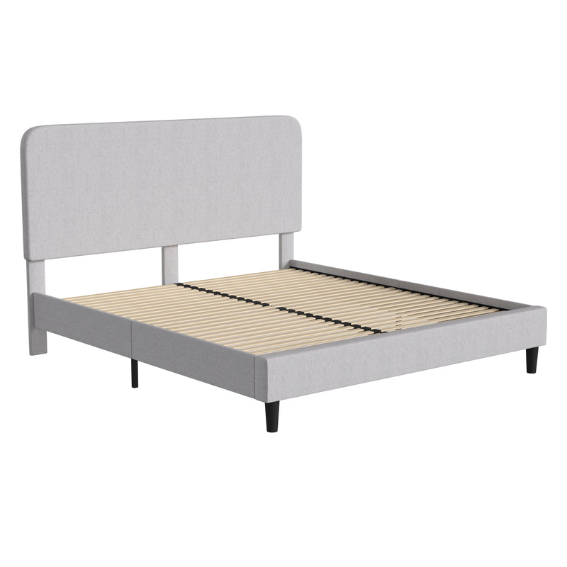 Adaire Fabric Upholstered Platform Bed Frame with Rounded Headboard in Light Gray