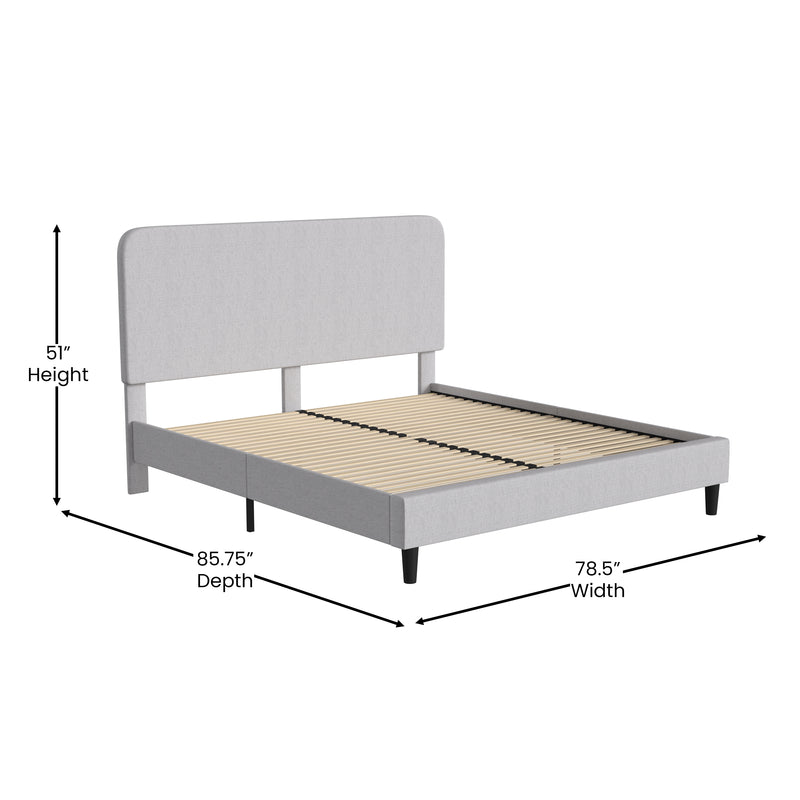 Adaire Fabric Upholstered Platform Bed Frame with Rounded Headboard in Light Gray