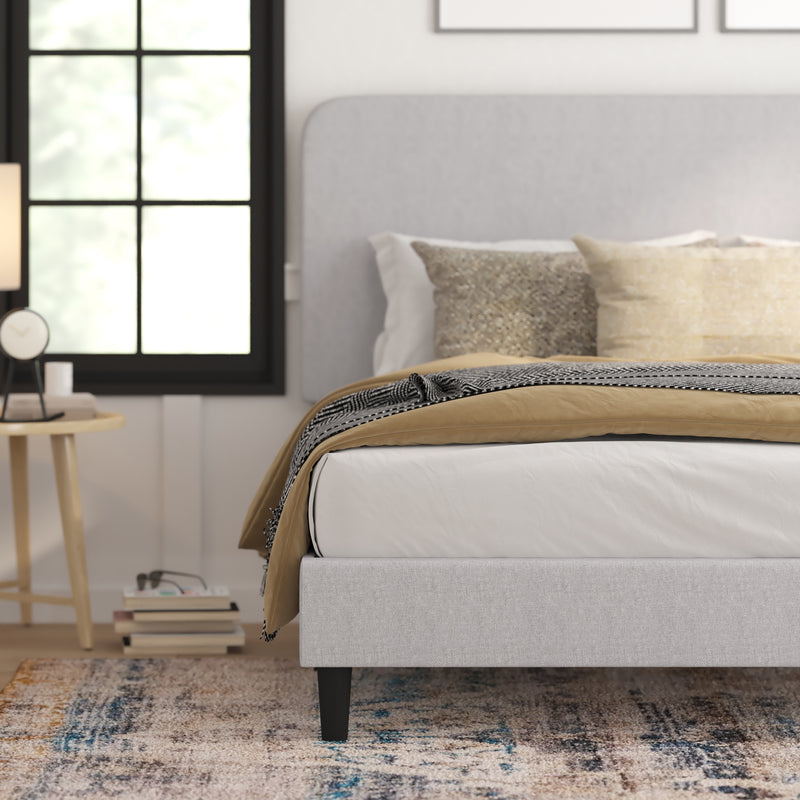 Adaire Fabric Upholstered Platform Bed Frame with Rounded Headboard in Light Gray