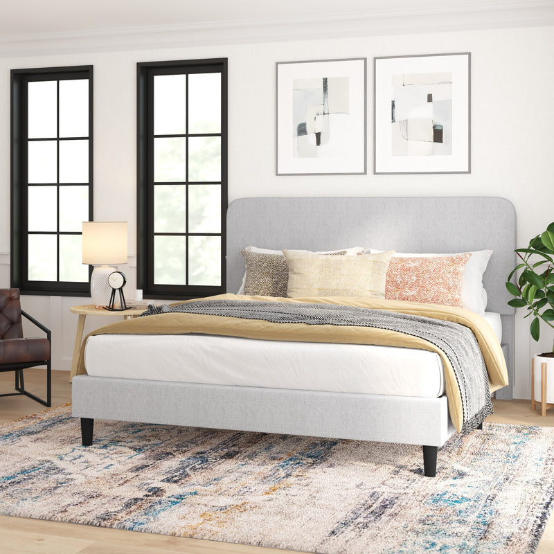 Adaire Fabric Upholstered Platform Bed Frame with Rounded Headboard in Light Gray