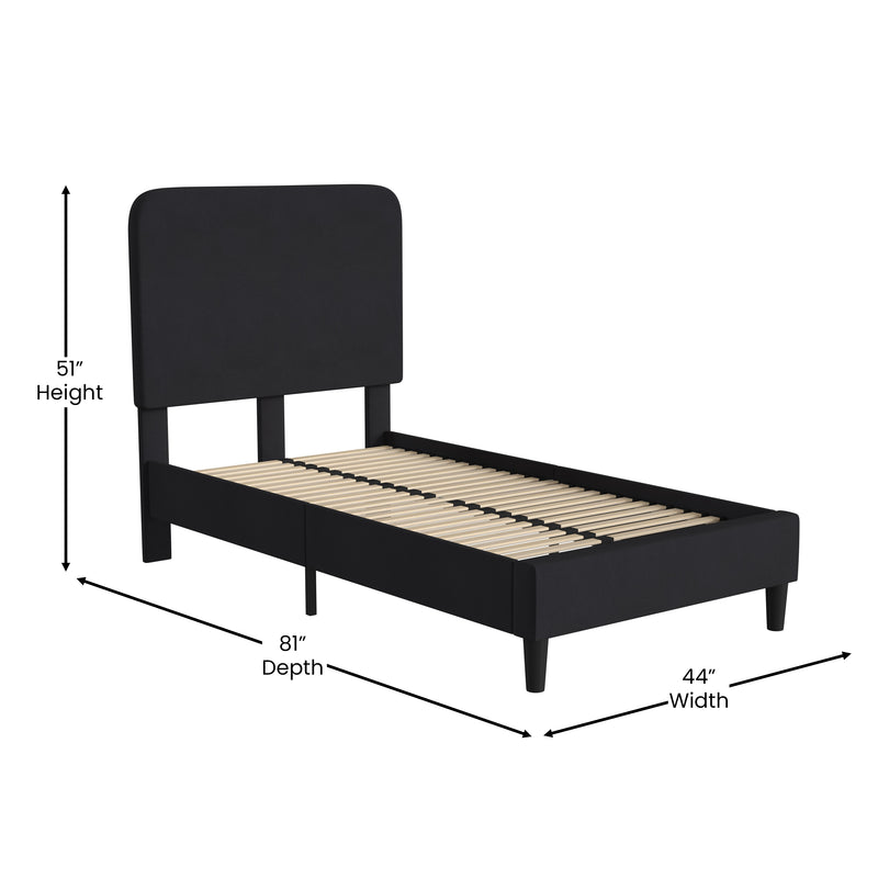 Adaire Fabric Upholstered Platform Bed Frame with Rounded Headboard in Charocal