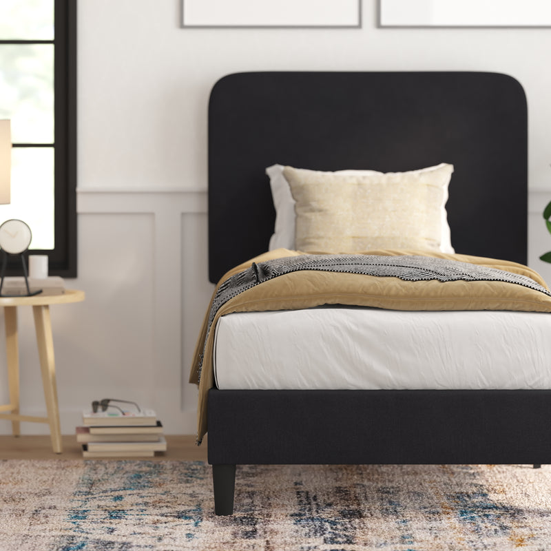 Adaire Fabric Upholstered Platform Bed Frame with Rounded Headboard in Charocal