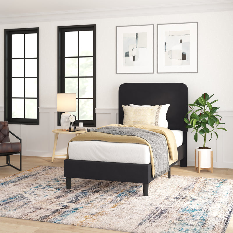 Adaire Fabric Upholstered Platform Bed Frame with Rounded Headboard in Charocal