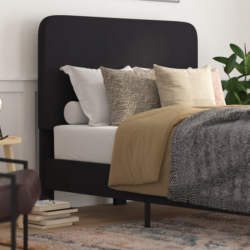 Adaire Fabric Upholstered Platform Bed Frame with Rounded Headboard in Charocal