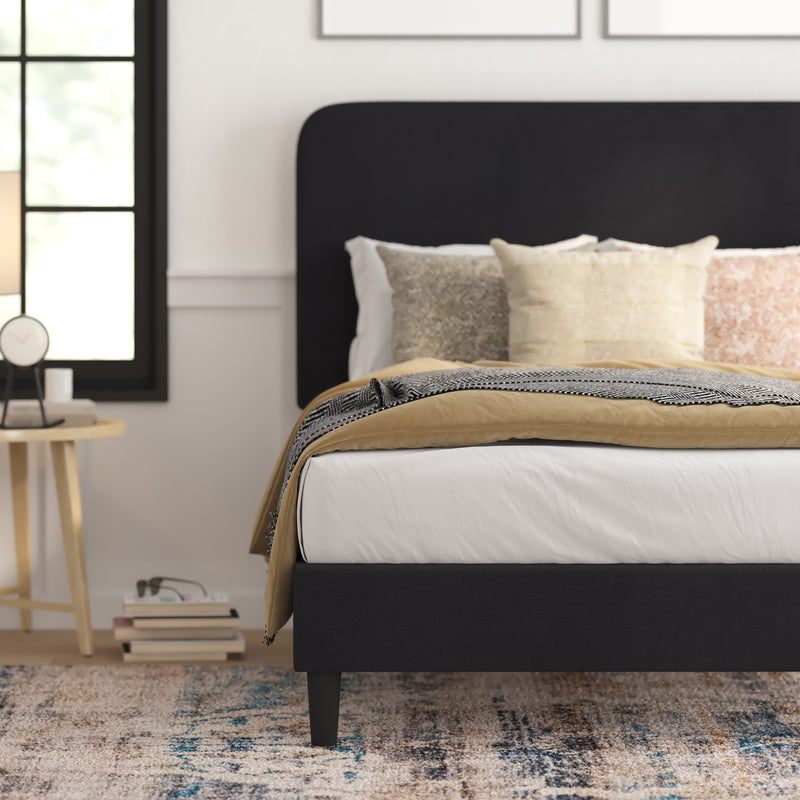 Adaire Fabric Upholstered Platform Bed Frame with Rounded Headboard in Charocal