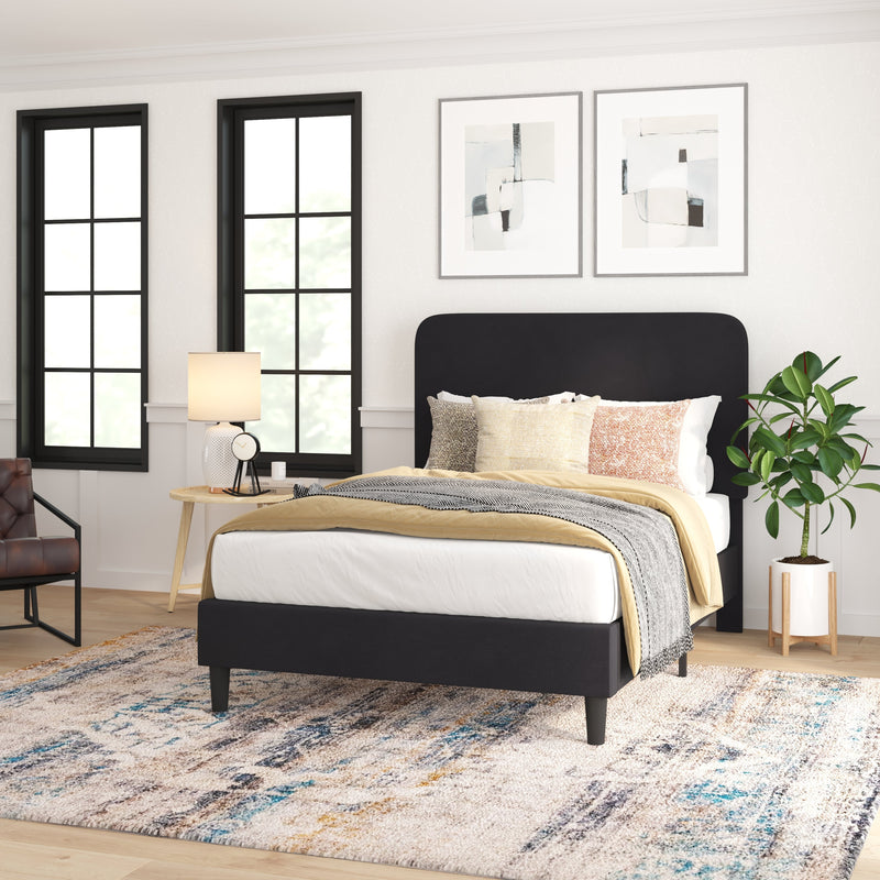 Adaire Fabric Upholstered Platform Bed Frame with Rounded Headboard in Charocal