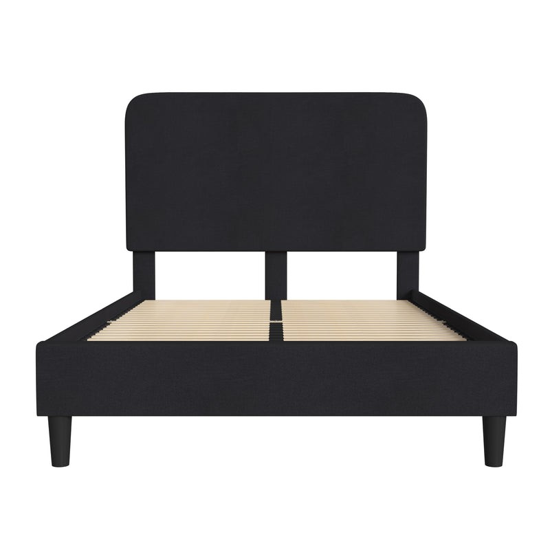 Adaire Fabric Upholstered Platform Bed Frame with Rounded Headboard in Charocal