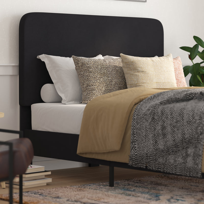 Adaire Fabric Upholstered Platform Bed Frame with Rounded Headboard in Charocal