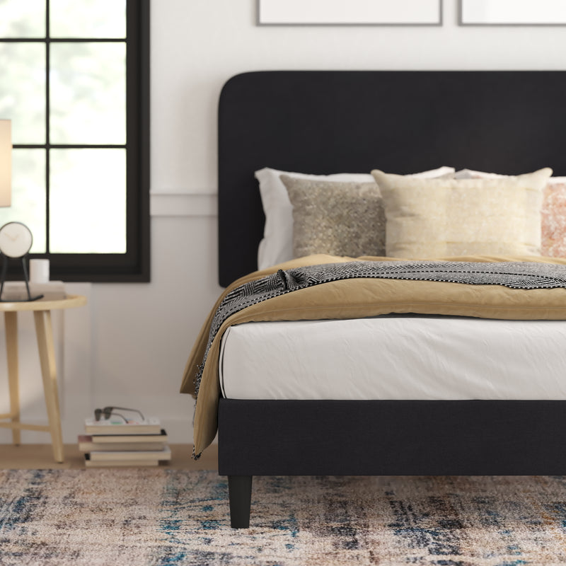 Adaire Fabric Upholstered Platform Bed Frame with Rounded Headboard in Charocal