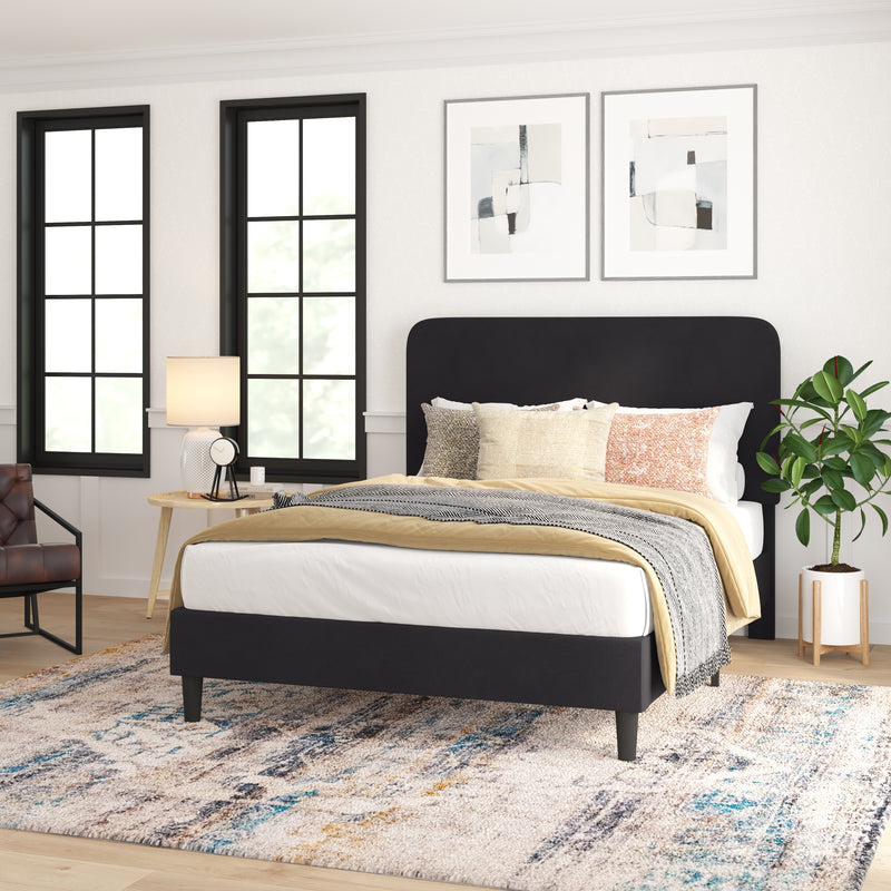 Adaire Fabric Upholstered Platform Bed Frame with Rounded Headboard in Charocal