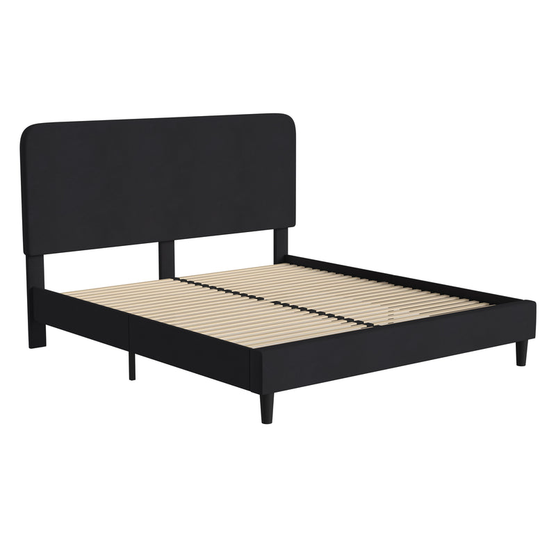 Adaire Fabric Upholstered Platform Bed Frame with Rounded Headboard in Charocal