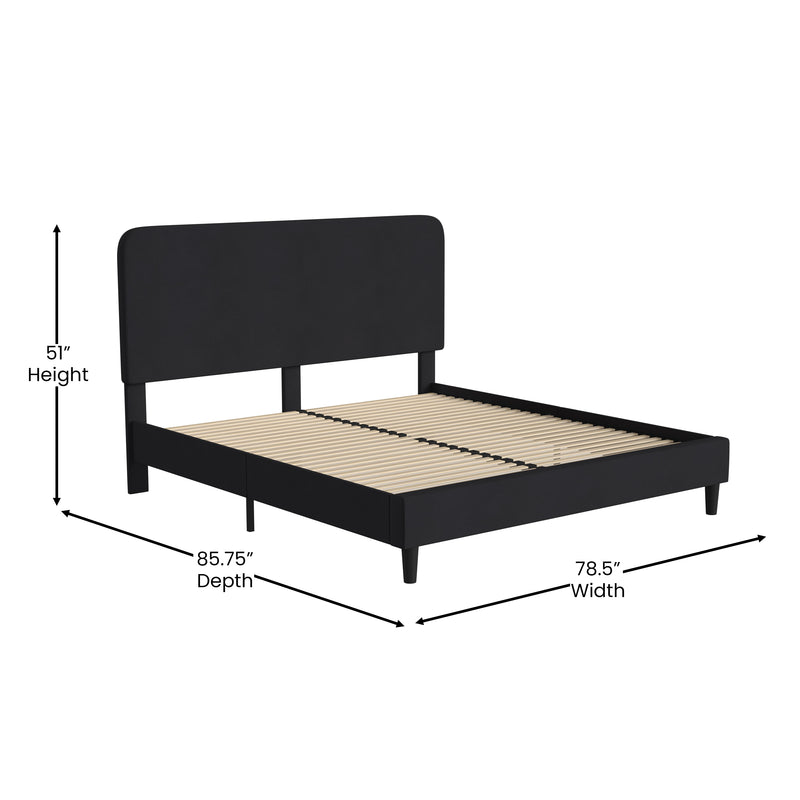 Adaire Fabric Upholstered Platform Bed Frame with Rounded Headboard in Charocal