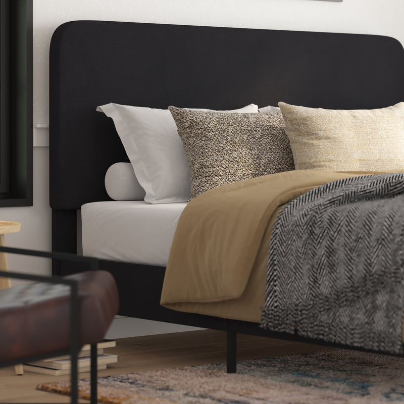 Adaire Fabric Upholstered Platform Bed Frame with Rounded Headboard in Charocal