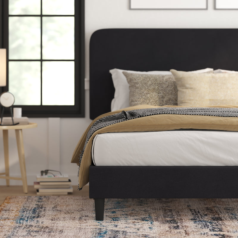 Adaire Fabric Upholstered Platform Bed Frame with Rounded Headboard in Charocal