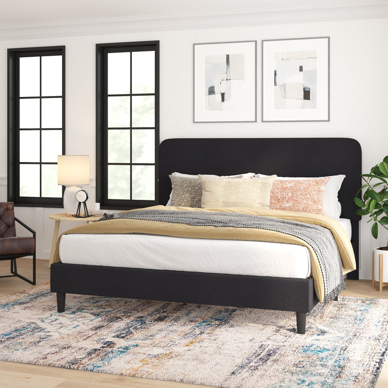 Adaire Fabric Upholstered Platform Bed Frame with Rounded Headboard in Charocal