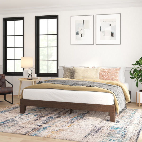 Amalia Solid Wooden Platform Bed with Wooden Support Slats in a Walnut Finish