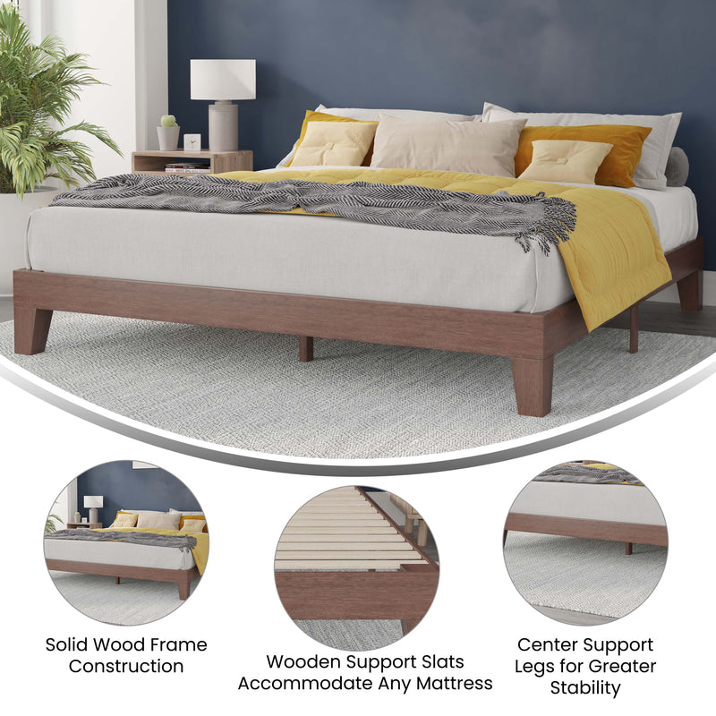 Amalia Solid Wooden Platform Bed with Wooden Support Slats in a Walnut Finish