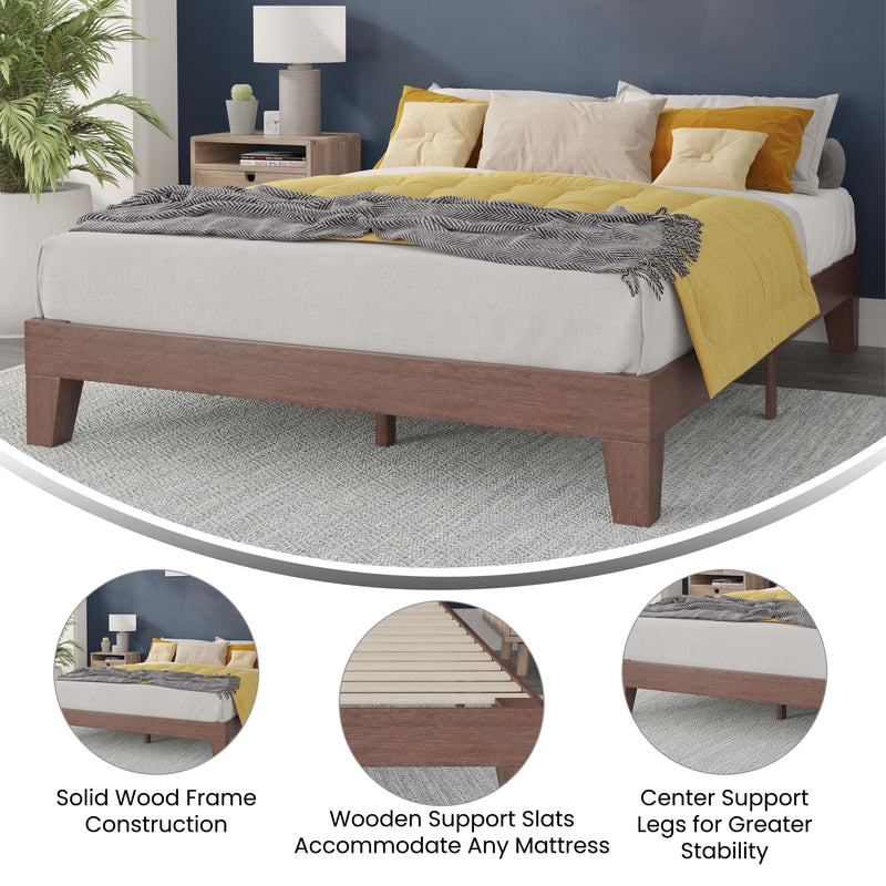 Amalia Solid Wooden Platform Bed with Wooden Support Slats in a Walnut Finish