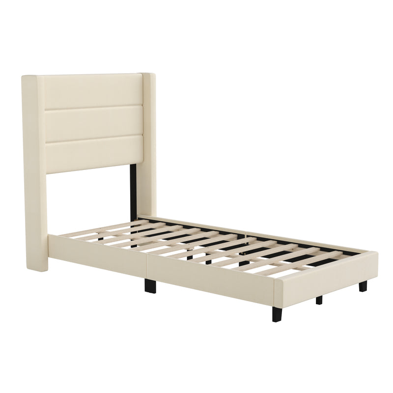 Hilton Beige Faux Linen Upholstered Platform Bed with Wingback Headboard, Slatted Support System