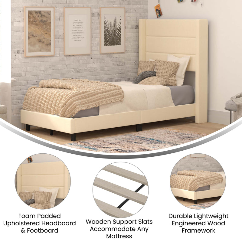 Hilton Beige Faux Linen Upholstered Platform Bed with Wingback Headboard, Slatted Support System