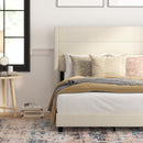 Hilton Beige Faux Linen Upholstered Platform Bed with Wingback Headboard, Slatted Support System