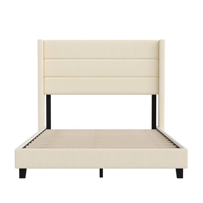 Hilton Beige Faux Linen Upholstered Platform Bed with Wingback Headboard, Slatted Support System