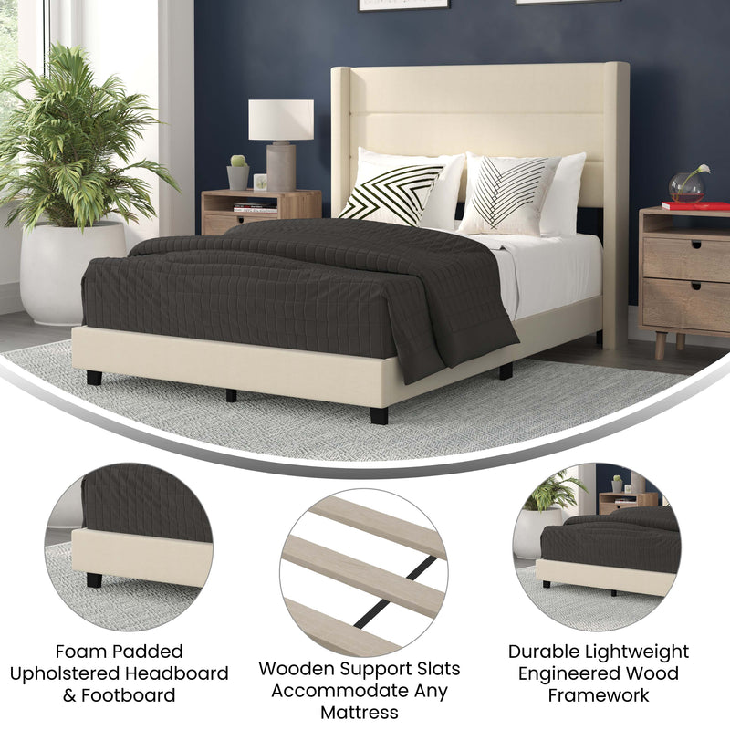 Hilton Beige Faux Linen Upholstered Platform Bed with Wingback Headboard, Slatted Support System