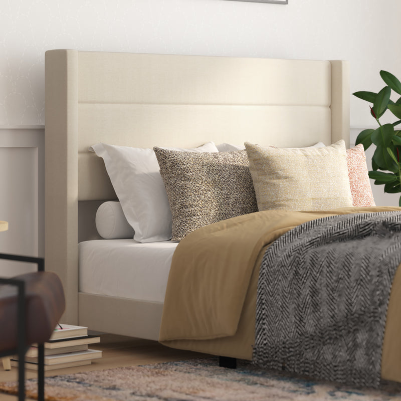 Hilton Beige Faux Linen Upholstered Platform Bed with Wingback Headboard, Slatted Support System