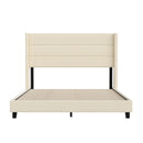 Hilton Beige Faux Linen Upholstered Platform Bed with Wingback Headboard, Slatted Support System