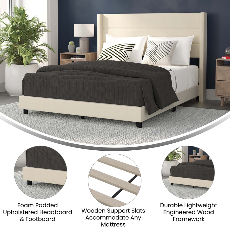 Hilton Beige Faux Linen Upholstered Platform Bed with Wingback Headboard, Slatted Support System