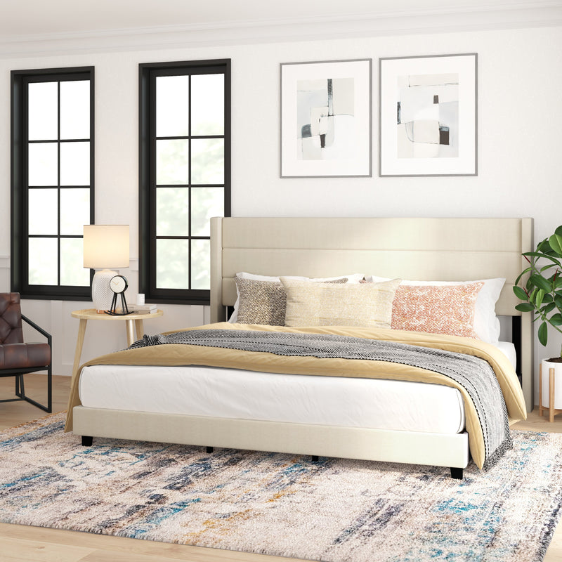 Hilton Beige Faux Linen Upholstered Platform Bed with Wingback Headboard, Slatted Support System