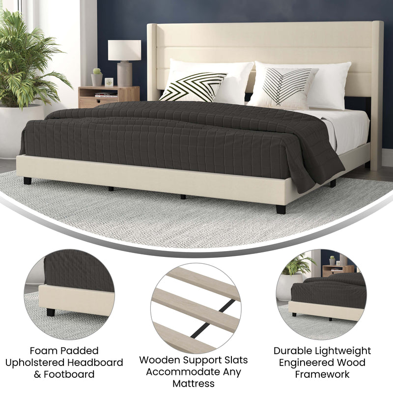 Hilton Beige Faux Linen Upholstered Platform Bed with Wingback Headboard, Slatted Support System