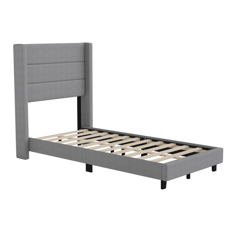 Hilton Gray Faux Linen Upholstered Platform Bed with Wingback Headboard, Slatted Support System