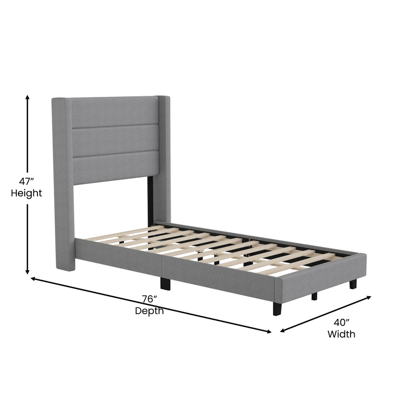 Hilton Gray Faux Linen Upholstered Platform Bed with Wingback Headboard, Slatted Support System