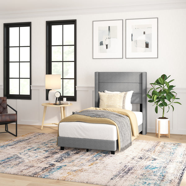 Hilton Gray Faux Linen Upholstered Platform Bed with Wingback Headboard, Slatted Support System