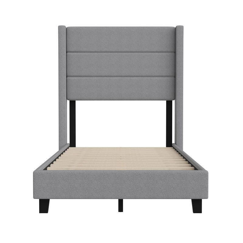 Hilton Gray Faux Linen Upholstered Platform Bed with Wingback Headboard, Slatted Support System