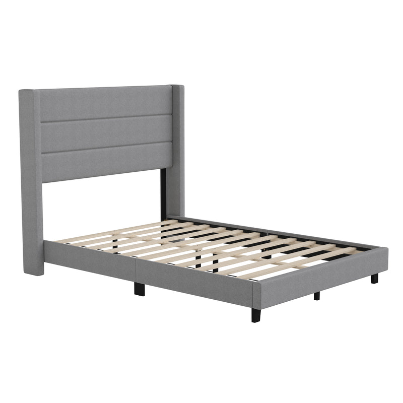 Hilton Gray Faux Linen Upholstered Platform Bed with Wingback Headboard, Slatted Support System