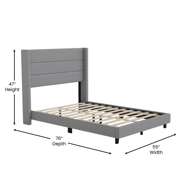 Hilton Gray Faux Linen Upholstered Platform Bed with Wingback Headboard, Slatted Support System