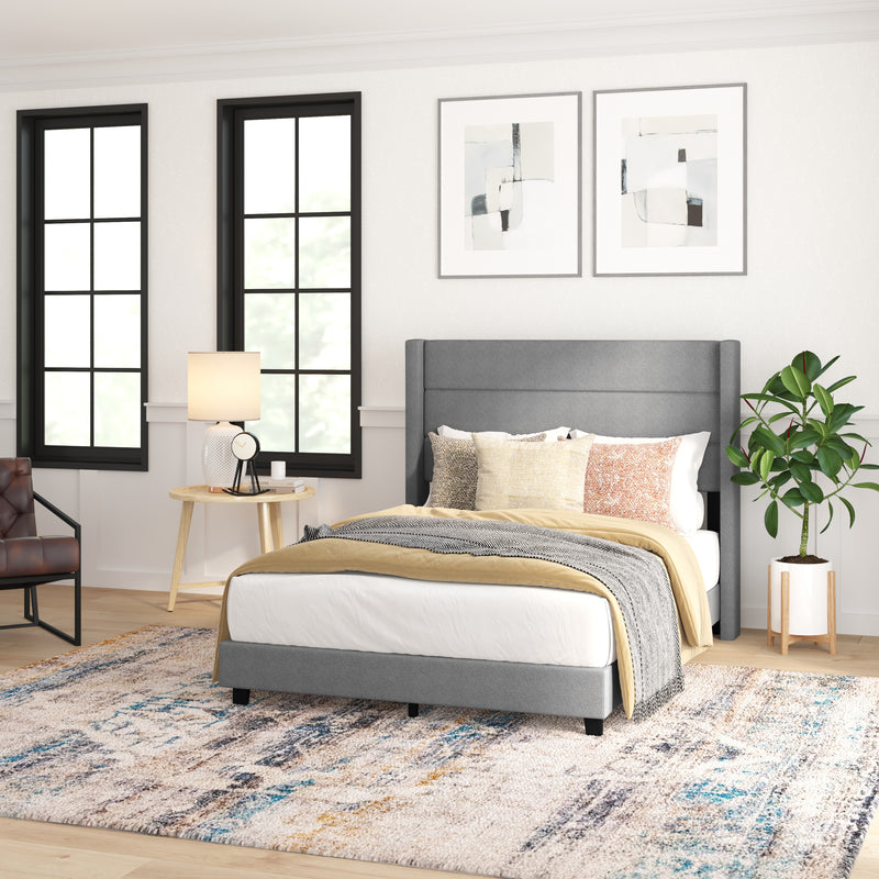 Hilton Gray Faux Linen Upholstered Platform Bed with Wingback Headboard, Slatted Support System