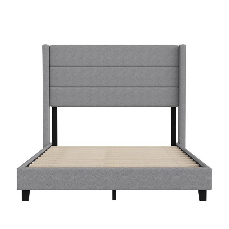 Hilton Gray Faux Linen Upholstered Platform Bed with Wingback Headboard, Slatted Support System