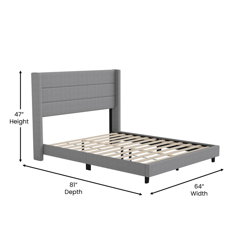 Hilton Gray Faux Linen Upholstered Platform Bed with Wingback Headboard, Slatted Support System