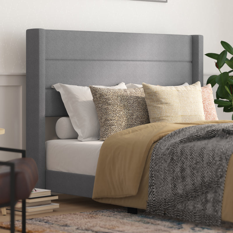 Hilton Gray Faux Linen Upholstered Platform Bed with Wingback Headboard, Slatted Support System