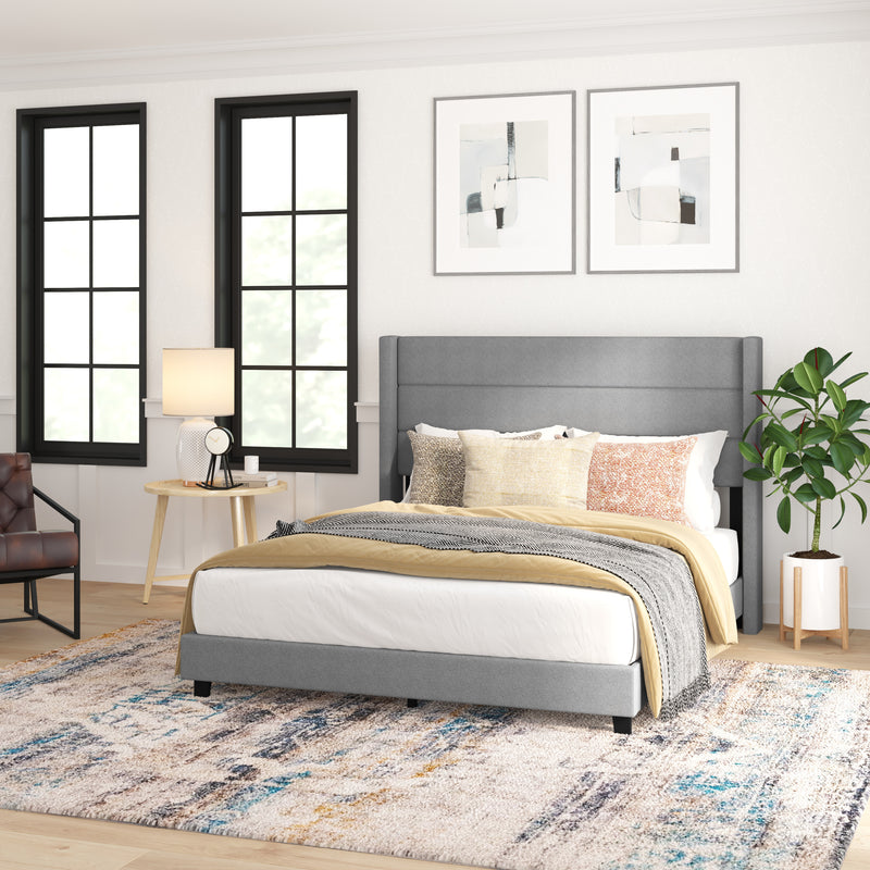 Hilton Gray Faux Linen Upholstered Platform Bed with Wingback Headboard, Slatted Support System