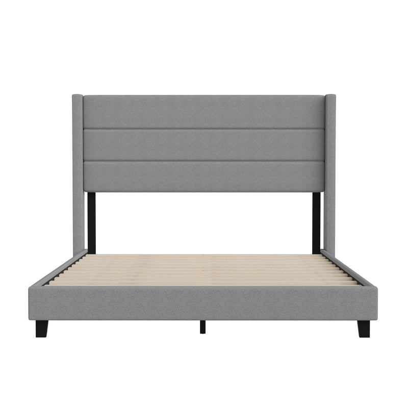 Hilton Gray Faux Linen Upholstered Platform Bed with Wingback Headboard, Slatted Support System