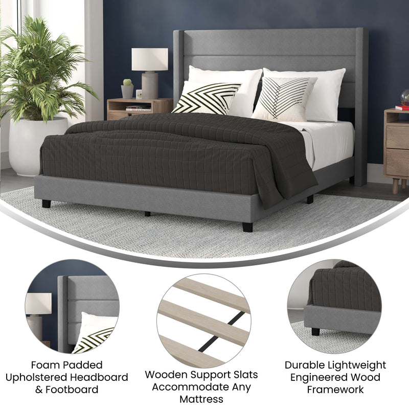 Hilton Gray Faux Linen Upholstered Platform Bed with Wingback Headboard, Slatted Support System