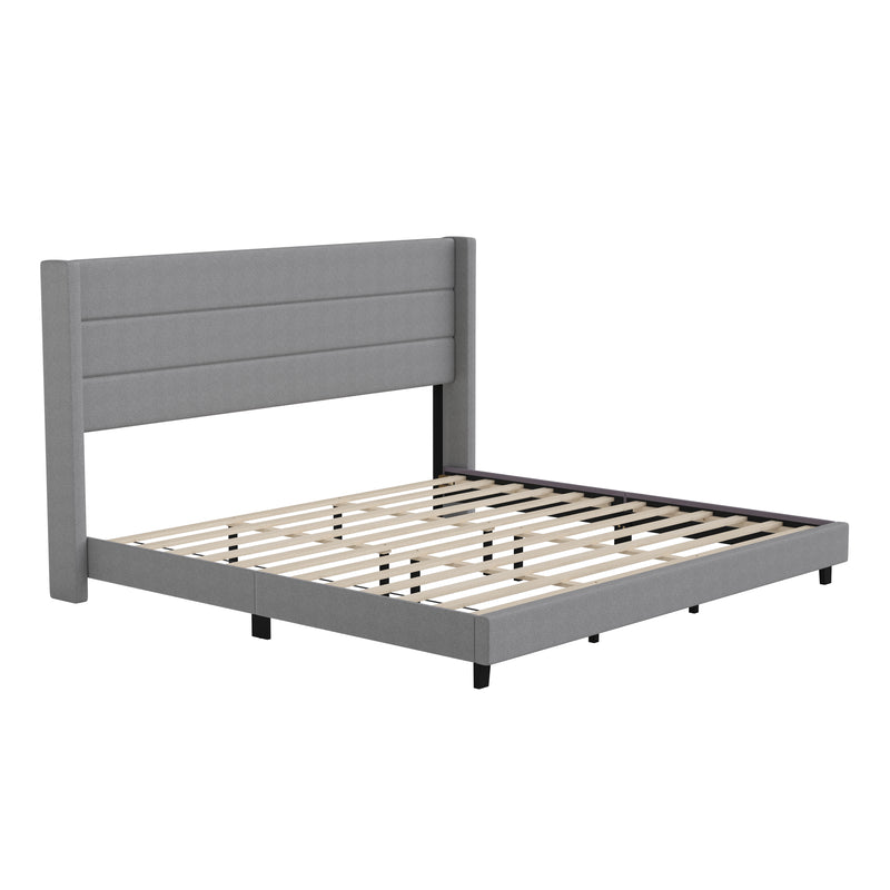 Hilton Gray Faux Linen Upholstered Platform Bed with Wingback Headboard, Slatted Support System